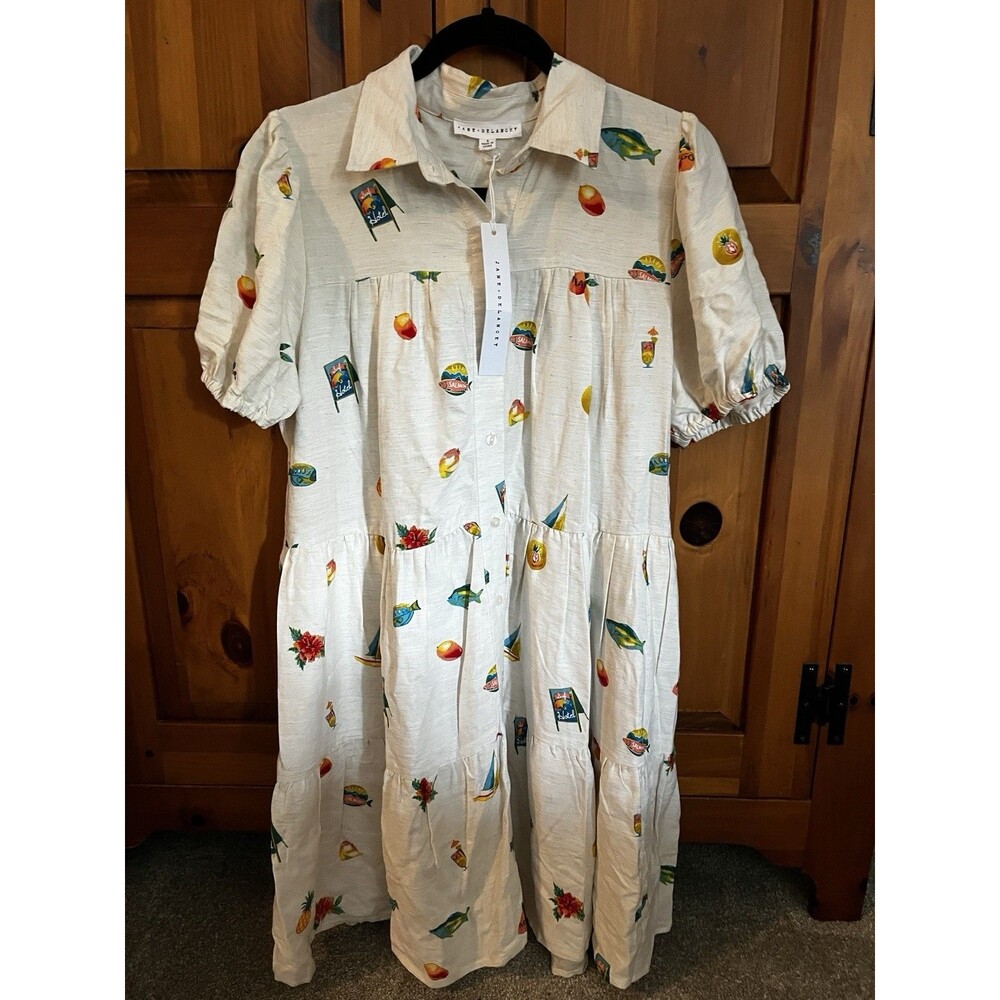 Jane + Delancey Hotel Mini Tiered Dress Sardines Fish Fruit Vacation S small NW